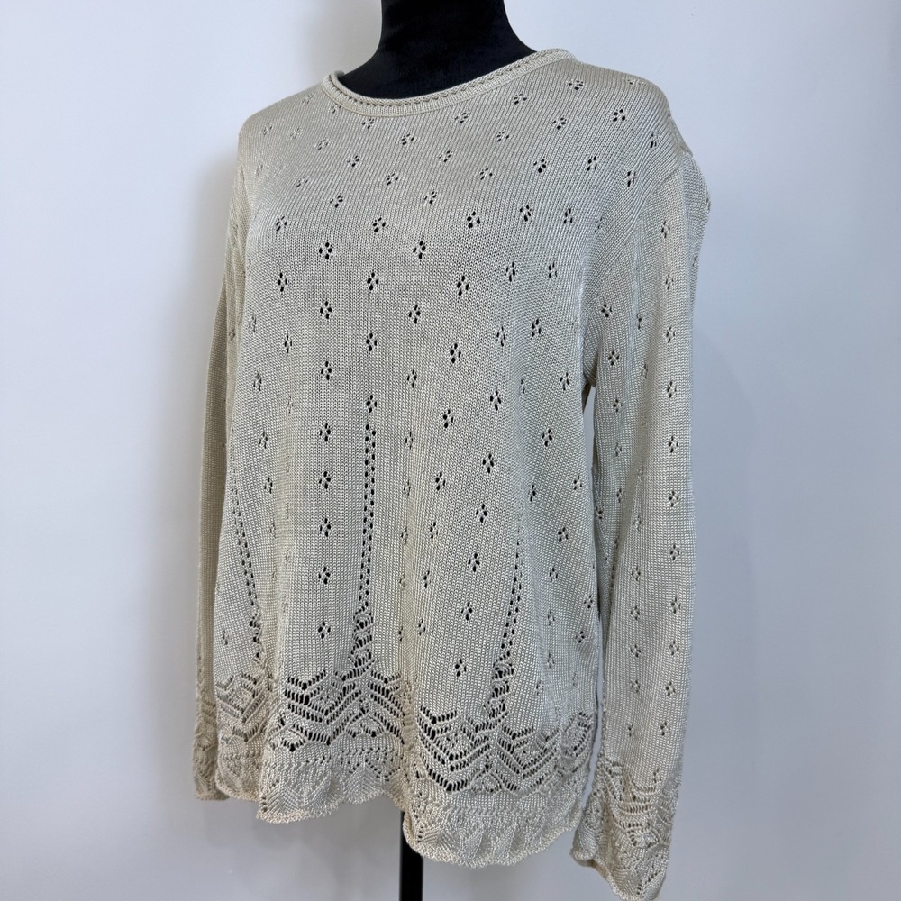 Vintage Open Knit Eyelet Sweater Womens Large Beige Scallop Hem Neutral Cottage‎
